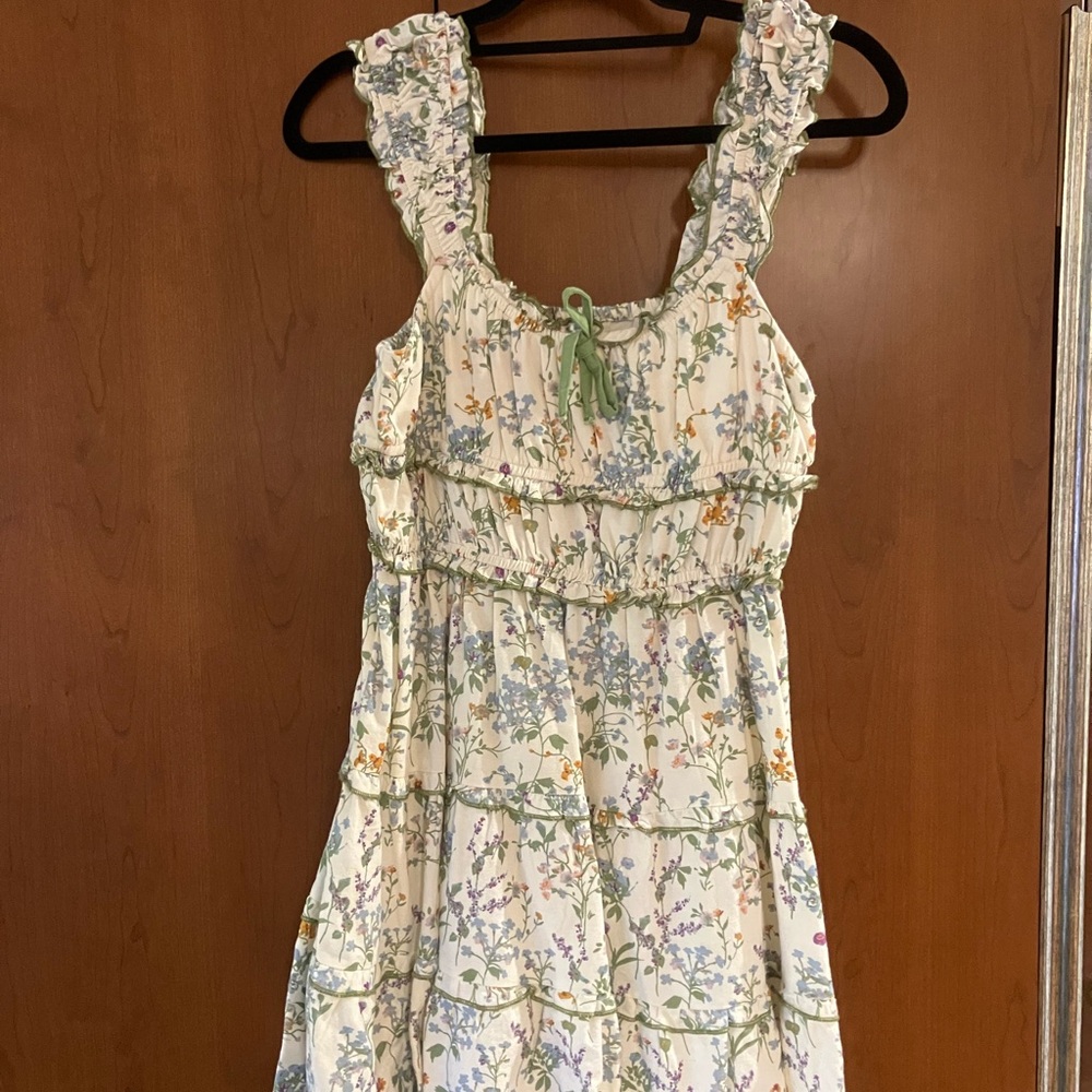 Floral Cream Dress with Green Accents